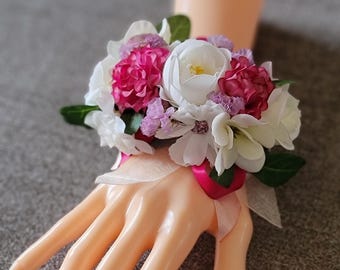 Pretty in Pink & White Corsage Faux Flower Wrist Corsage: Pearl Bracelet, Wedding Prom