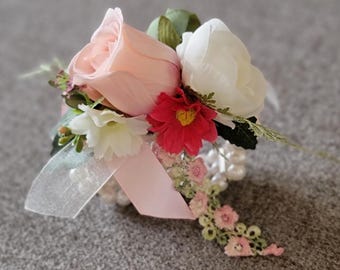 Pink Rose Garden Corsage: Pearl Bracelet, Wedding & Prom Flowers