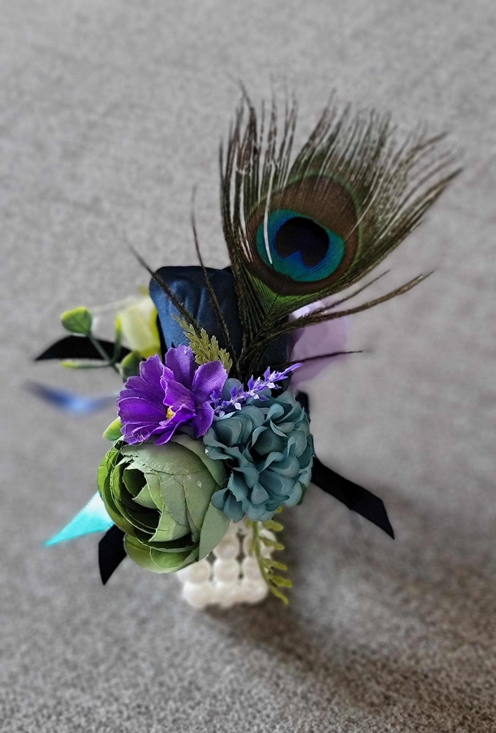 Prouder than a Peacock wrist corsage,,corsage for wrist,prom wrist corsage,peacock corsage,faux flower corsage,artificial corsage,feather