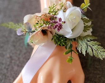 Soft Pink Floral Wrist Corsage: Pearl Bracelet, Wedding, Prom
