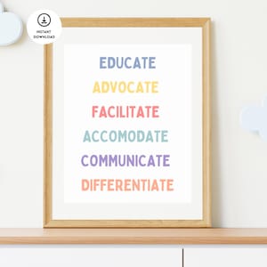 May include: A printable wall art print with the words "Educate, Advocate, Facilitate, Accommodate, Communicate, Differentiate" in a rainbow color scheme.