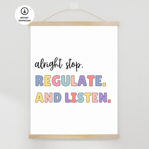 Regelen en luisteren poster, poster schoolbegeleider, adviseur kantoordecor, ergotherapie poster, poster speciaal onderwijs, specificatie ed