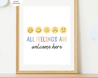 May include: A printable wall art print with a yellow background and five yellow smiley faces with different expressions. The text "ALL FEELINGS ARE welcome here" is written in rainbow colors below the smiley faces.