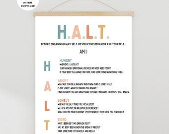 HALT Technique Poster, DBT Poster, Psychology Poster, Therapy Office Decor, Counselor Office Decor, Counseling Posters, Mental Health