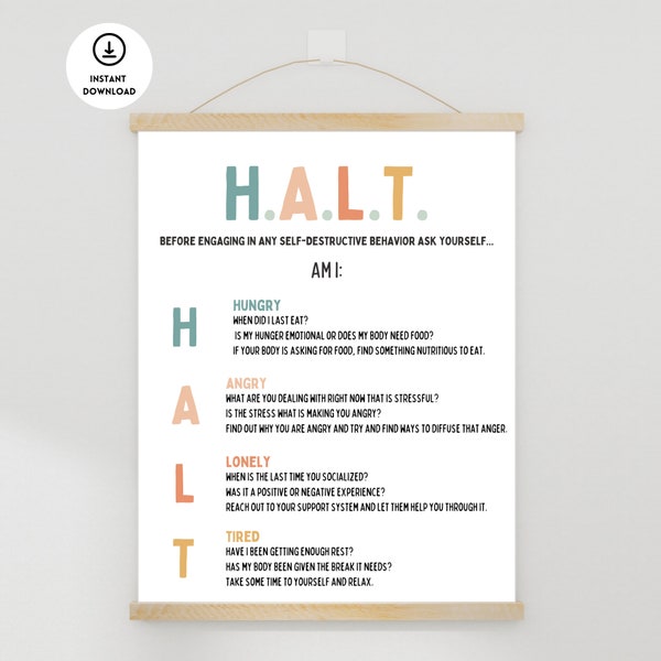 HALT Technique Poster, DBT Poster, Psychology Poster, Therapy Office Decor, Counselor Office Decor, Counseling Posters, Mental Health