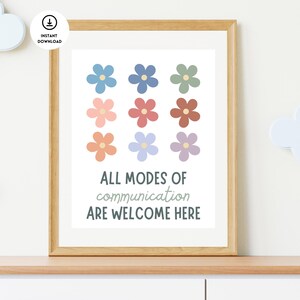 Puede incluir: Un póster imprimible con fondo blanco y flores de colores. El texto dice "Todos los modos de comunicación son bienvenidos aquí."