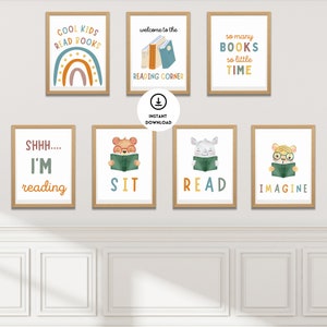 May include: Set of 6 printable wall art prints featuring illustrations of animals reading books with text that says "Cool Kids Read Books", "Welcome to the Reading Corner", "So Many Books So Little Time", "Shhh... I'm Reading", "Sit", "Read", and "Imagine".