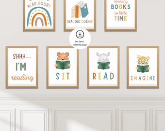 Reading Corner Poster Bundle, 6 Reading Corner Signs, Reading Quotes Poster, Homeschool Wall Art, Reading Nook Decor, Cool Kids Read Books