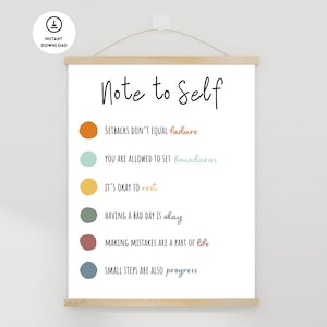 Puede incluir: Un póster imprimible con el texto "Note to Self" y seis círculos coloridos con afirmaciones positivas. Las afirmaciones son: "Los contratiempos no equivalen a fracaso", "Tienes permitido establecer límites", "Está bien descansar", "Tener un mal día está bien", "Cometer errores es parte de la vida", y "Los pequeños pasos también son progreso".