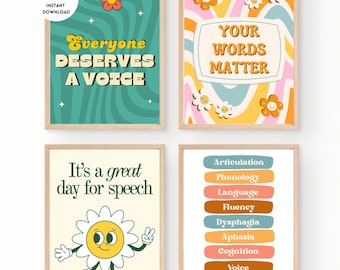 May include: Four printable posters with a retro 70s aesthetic featuring speech therapy related quotes and terms. The posters feature a green, blue, and yellow color scheme with a daisy flower design. The posters include the text: "Everyone Deserves a Voice", "Your Words Matter", "It's a great day for speech", and "Articulation, Phonology, Language, Fluency, Dysphagia, Aphasia, Cognition, Voice, AAC".