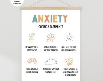 Anxiety Coping Statements Poster, Coping Skills, Therapy Room Decor, Psychology Poster, School Counselor, Counseling Poster, Counselor Decor
