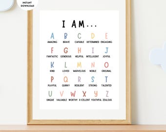 May include: A printable poster with the alphabet and positive adjectives for each letter. The poster is in a light wood frame and has a white background with black text. The letters are in colorful squares.