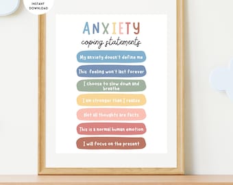 Anxiety Coping Statements Poster, Feelings Poster, Emotions Chart, Calm Corner, Therapy Office Decor, Counselor, Therapy Wall Art, Therapist