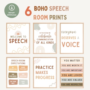 6 Boho Speech Room Posters, Speech Therapy Posters, Speech Classroom, SLP, Speech Therapy Print, Speech Therapist, Speech Teacher, Speech