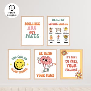 Retro Motivational Poster Bundle, 5 Mental Health Posters, Counseling Poster, Therapy Poster, School Counselor Office Decor, Social Worker