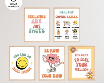 Retro Motivational Poster Bundle, 5 Mental Health Posters, Counseling Poster, Therapy Poster, School Counselor Office Decor, Social Worker