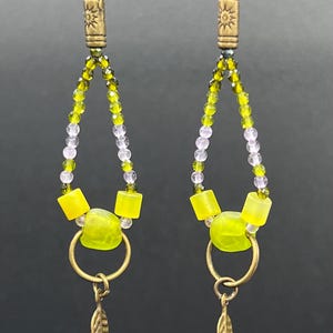 Gemstone and Recycled Glass Beaded Loop Earrings with Brass Leaf Dangle. 3” (7.5cm) long