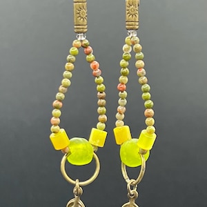 Gemstone and Recycled Glass Beaded Loop Earrings with Brass Leaf Dangle. Approximately 3” (7.5cm) long
