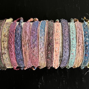 Embroidered Silk Leather Gemstone Bracelet-hand made with gorgeous upcycled shimmery blue purple sari silk ribbon and soft blue leather.