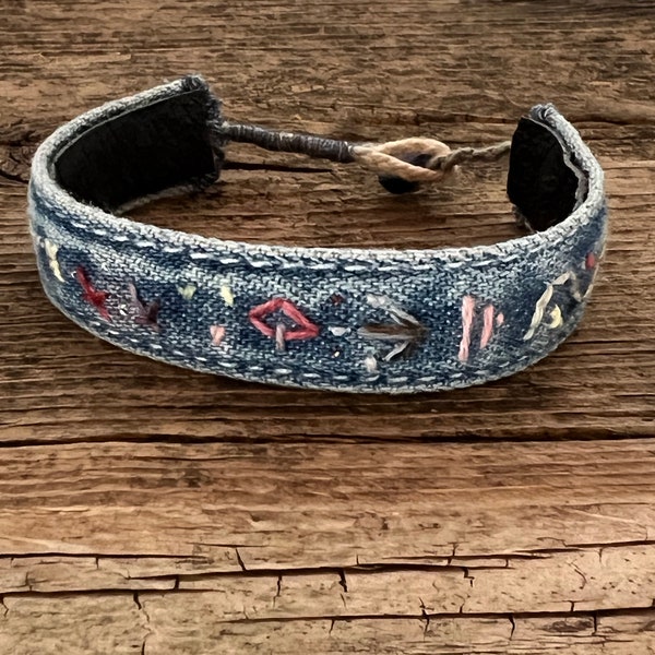 Embroidered Denim Bracelet with leather backing and gemstone button closure
