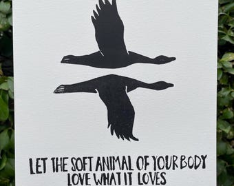 Wild Geese linocut print - Mary Oliver artwork - Handmade bird art print