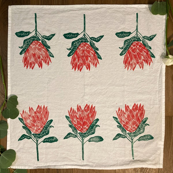 King Protea tea towel - South Africa kitchen towel - Flower block print tea towel - Hand printed kitchen tea towel