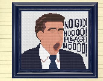 May include: Cross-stitch pattern featuring a portrait of a man with an open mouth, framed in a dark blue border. The image includes the text "NOIGOD! NOOOO! PLEASE! NOOOO!" and the words "NOOoOoO!" at the top. The Panda Quilt Co. logo is in the upper left corner.