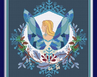 Winterfee kruissteekpatroon PDF | Fantasie feeënpatroon met sneeuwvlokken | Winterdecoratie | PK-bestanden inbegrepen