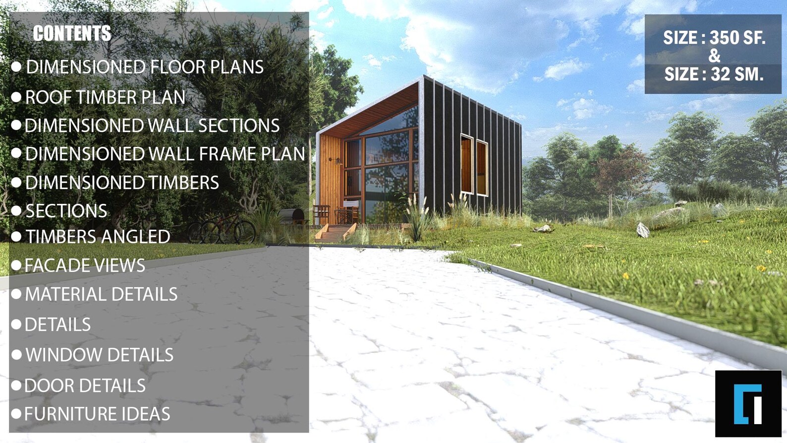 14x27 Modern Cabin House Plans: 1-bedroom Cottage Blueprint (PDF ...