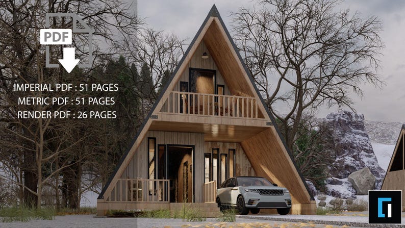 800 Sq Ft A Frame Cabin Plans With Loft | 2 Bed Tiny Cabin Design PDF ...