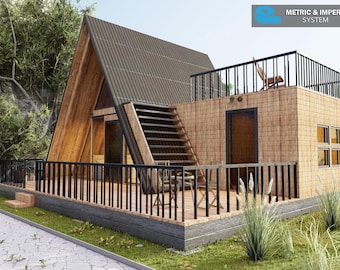 550SF A-Frame Cabin DIY Plans Large Modern House Architectural Custom Blueprint PDF