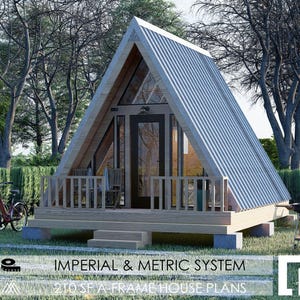 May include: A wooden A-frame house with a metal roof, glass front door, and windows. The structure features a small front porch with railings and steps. Text on the image reads: IMPERIAL & METRIC SYSTEM 210 SF A-FRAME HOUSE PLANS.