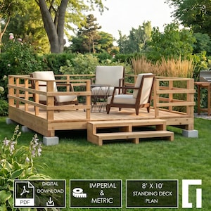 May include: A wooden deck with a railing and two steps, featuring three chairs with off-white cushions and a small metal table. The image includes text indicating a digital download for an 8' x 10' standing deck plan in imperial and metric.