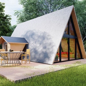 Plattegronden moderne huizen, plattegronden met A-frame, 54 vierkante meter, tiny house, plattegronden kleine huizen