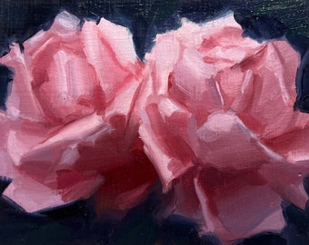 Peinture à l'huile rose rose | Panneau de bois de nature morte originale pour la décoration intérieure