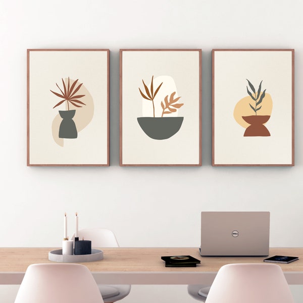 Boho Abstract Wall Art Prints, Boho Wall Decor, Earth Tones Set of 3 Prints, Scandi Wall Art, Mid Century, Neutral Brown Beige Boho Wall Art