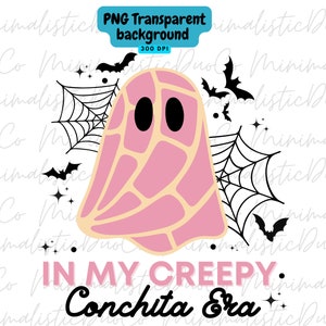 May include: Pink ghost with a spiderweb design and the text "In My Creepy Conchita Era" in black lettering.