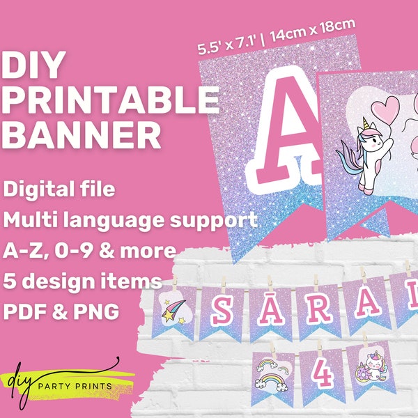 DIY Pink Rainbow & Unicorn Printable Banner Letters, Baby Shower Decor, Nursery Decor, Party Decor, Bridal Shower Decor, Birthday Decor