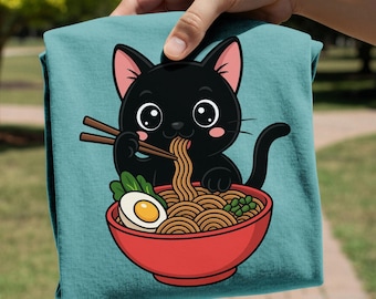 Black Cat Eating Ramen PNG, Japanese Noodle Cat T-Shirt Design, Digital Download