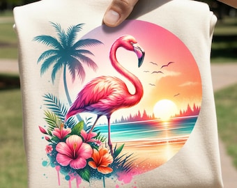 Watercolor Flamingo Sunset PNG, Tropical Beach Flamingo Summer Shirt Design