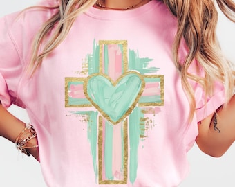 Hand-Painted Heart Cross PNG, Pastel Mint & Pink Brushstrokes with Gold Edges, Transparent Sublimation Design