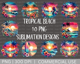 Pacchetto PNG di spiagge tropicali: disegni di tramonti estivi per sublimazione, uso commerciale, download digitale