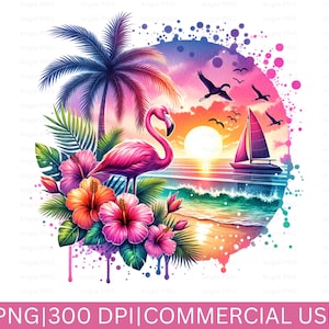 Rosa Flamingo PNG, Sommer Png, Palmen PNG, Flamingo PNG, Strand Clipart, Segelboot Png, Print-On-Demand-Becher, Aquarell Clipart, Retro