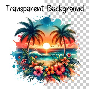 Pu&ograve; includere: Un'illustrazione ad acquerello di una scena di tramonto tropicale con palme, onde oceaniche e fiori colorati. La scena &egrave; su uno sfondo bianco con una sovrapposizione trasparente.