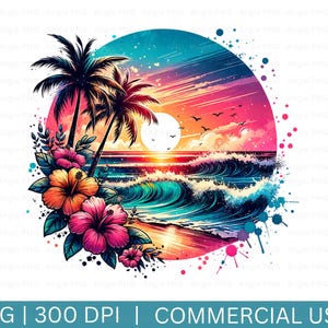 Aquarelle plage des cliparts, été PNG, coucher de soleil rétro plage design, sublimes dessins de T-shirt de plage, coucher de soleil plage PNG Clipart pour commercial
