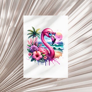 May include: A pink flamingo with sunglasses, surrounded by tropical flowers and a beach scene with waves and a sunset. The flamingo is in a watercolor style with splashes of color.
