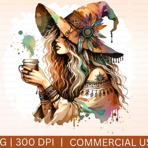 May include: A watercolor illustration of a witch with long, flowing hair wearing a colorful hat and holding a cup of coffee. The witch is wearing a bohemian-style dress with intricate patterns. The background is a soft watercolor wash of green and brown.