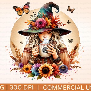 Hexe Clipart, Hexe PNG, Sternzeichen PNG, Wicca PNG, Boho Herbst Png, Halloween PNG, Herbst Png, Hippie-Hexe, T-Shirt-Design, kommerzielle Nutzung Becher