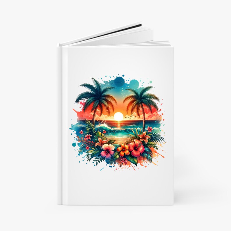 Pu&ograve; includere: Un dipinto ad acquerello di una scena di tramonto tropicale con due palme, una spiaggia e onde oceaniche. La scena &egrave; circondata da fiori e foglie colorati.