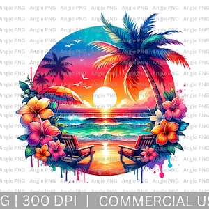Clipart de chaises de couple, clipart aquarelle coucher de soleil sur la plage, fond d'été, modèles de t-shirt, fleurs tropicales PNG, conception d'affiches, POD